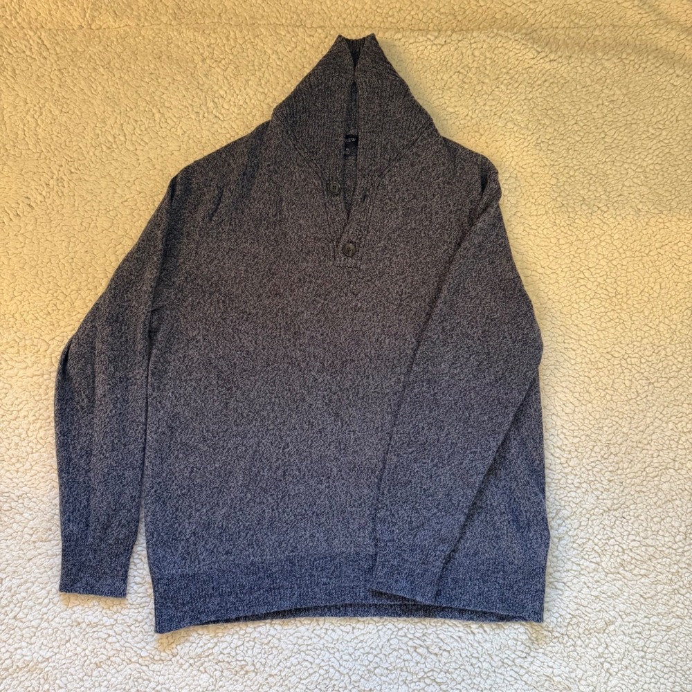 J Crew Mens XL Shawl Neck Button Pullover Sweater Navy Gray Lambswool Blend